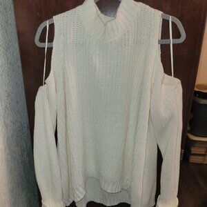 JENNIFER LOPEZ XL Cable Knit Sweater | White Cold Shoulder Mock Neck Turtleneck